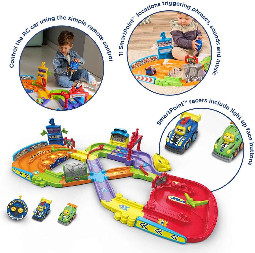 VTech Toot-Toot Drivers Super Circuit RC Raceway, Toy Car Playset with 2 Vehicles Included, 3 Exciting Crash Zones, Songs & Fun Phrases, Interactive Toddler Toy 12 Months, 2, 3, 4 +, English Version