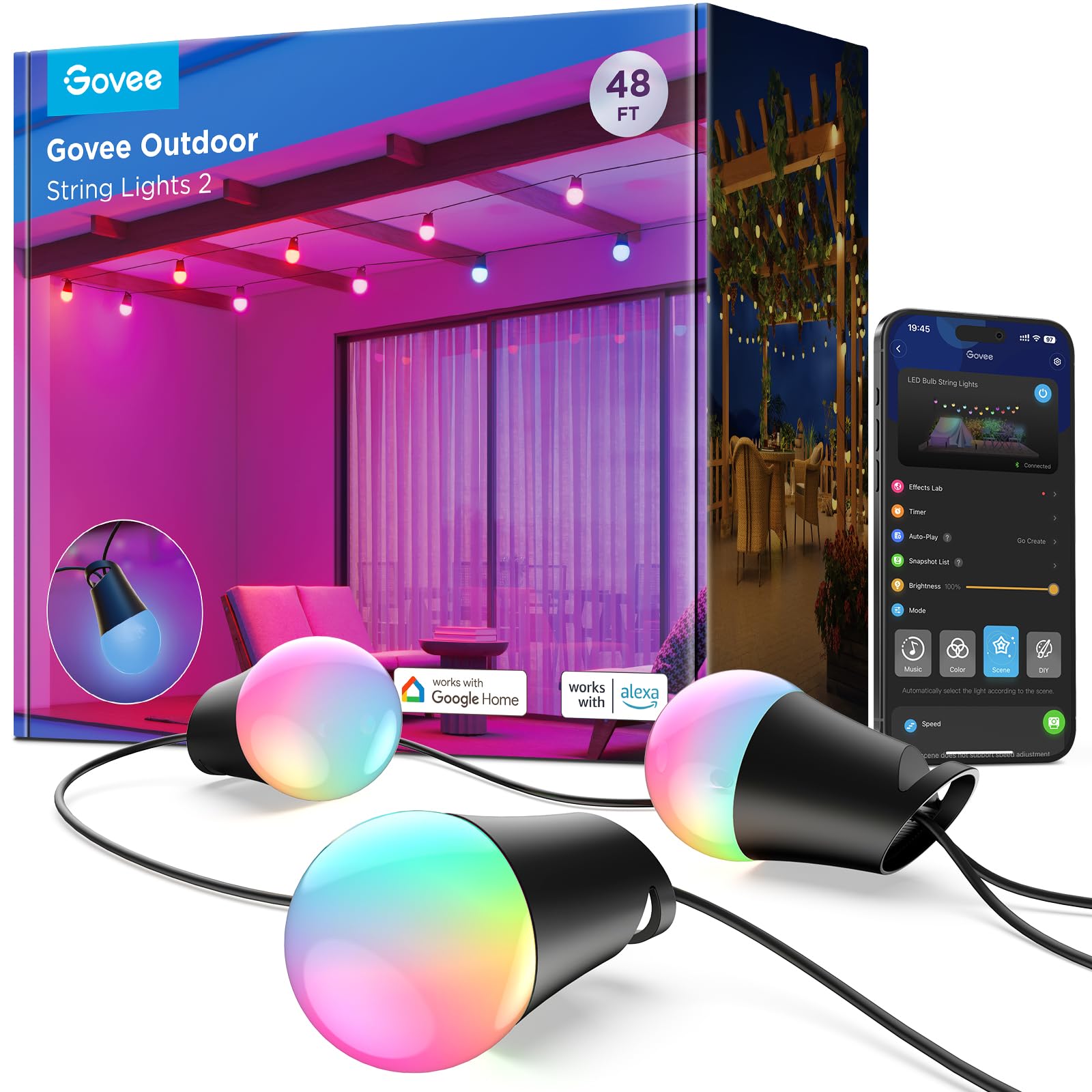 Govee Outdoor Smart String Lights 2, 30M Dimmable RGBICW Outdoor Lights with 16 Million Color and 47 Scene Modes, 100lm per LED Last for 25,000h, IP65 Waterproof, Works with Alexa, Google Assistant