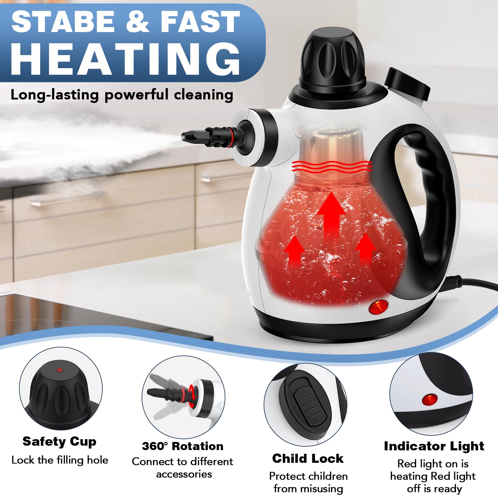 Klona Portable Steam Cleaner, Hand Held steamers for cleaning house, Home Multi Purpose - 10-Piece Accessory Kit for Sofa, Carpets, Upholstery