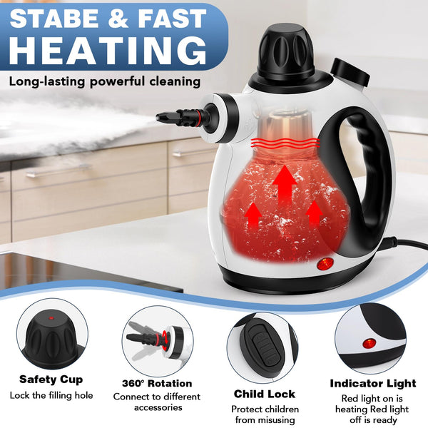 Klona Portable Steam Cleaner, Hand Held steamers for cleaning house, Home Multi Purpose - 10-Piece Accessory Kit for Sofa, Carpets, Upholstery