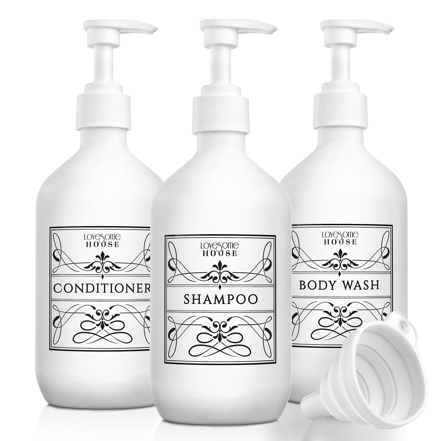Lovesome House Refillable Shampoo and Conditioner Bottles - White Shower Dispenser Set of 3-16oz - Shampoo Conditioner Body Wash Dispenser