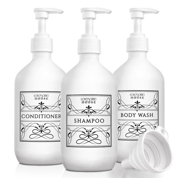 Lovesome House Refillable Shampoo and Conditioner Bottles - White Shower Dispenser Set of 3-16oz - Shampoo Conditioner Body Wash Dispenser
