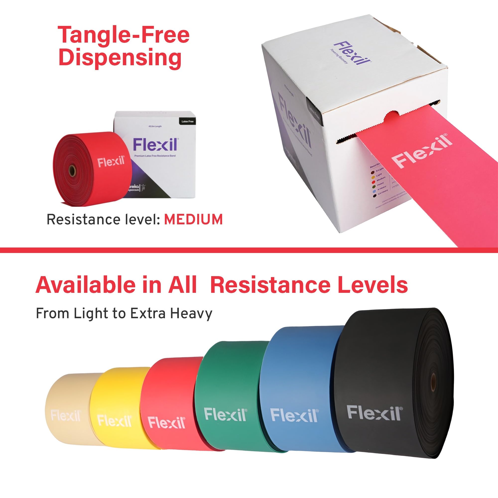 Flexil Resistance Band | 45.5M | Latex-Free |Red |Medium Strength | Home Gym Equipment Strength Training and Physical Therapy - Tension Level Medium