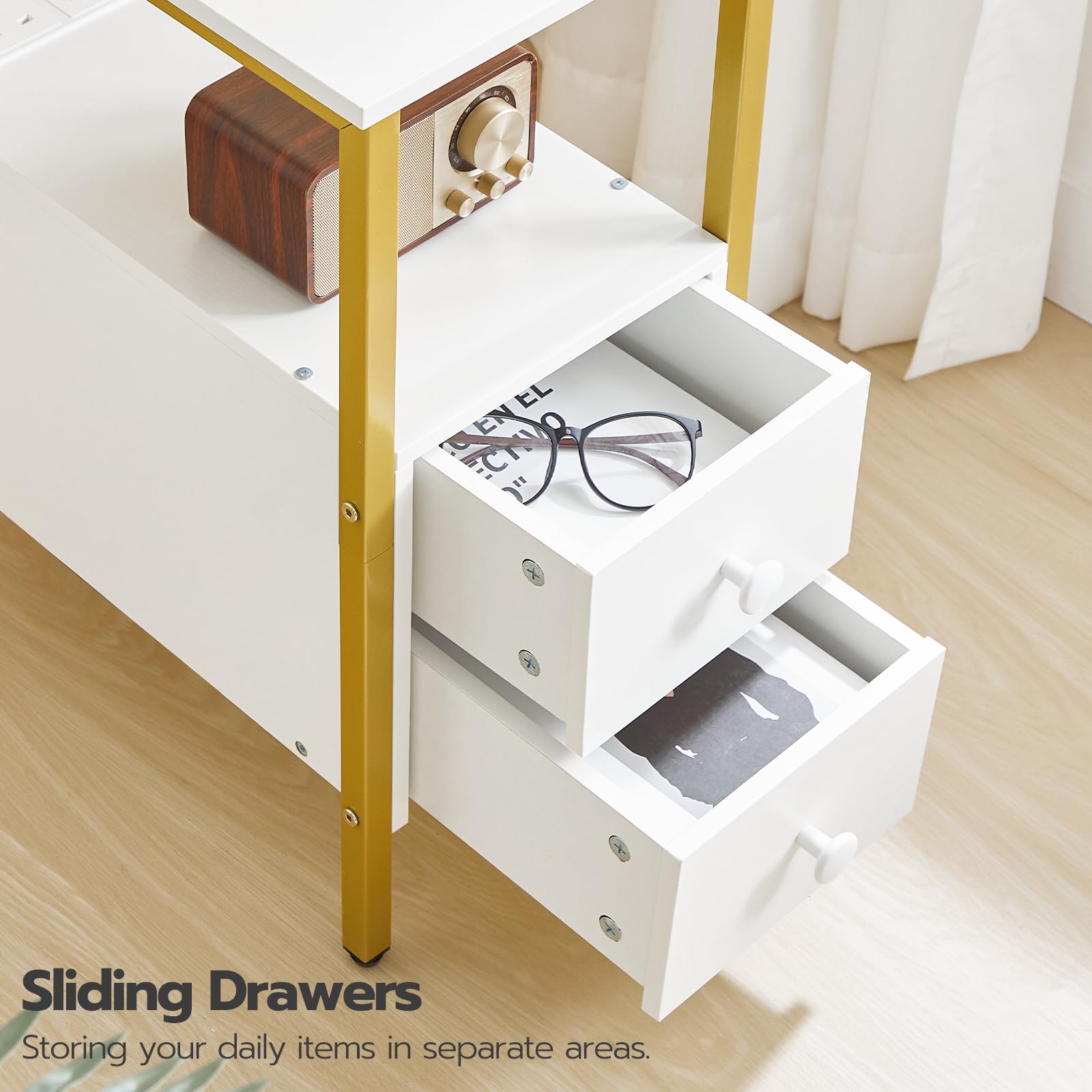 HOOBRO Side Table, Narrow Bedside Table with Charging Station, USB Ports and Power Outlets, Slim Side Table for Small Spaces, 2 Drawers, Industrial