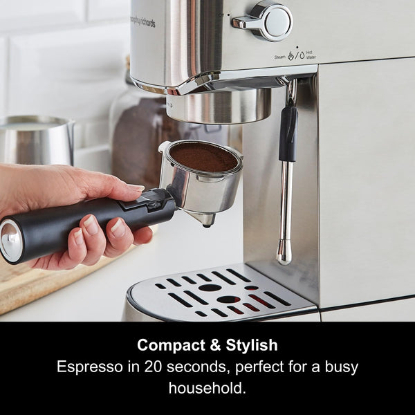Morphy Richards Compact Espresso Machine, Dual Cup, 1L Water tank, Variable Steam Control and Milk Frother Wand, Ground Coffee and ESE Pod Compatible, Stainless Steel, 172022