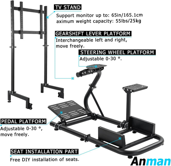 Anman Adjustable Racing Simulator Cockpit(50MM Round Tube) with Monitor Stand Fit for Logitech G25 G27 G29 G920 G923 Thrustmaster T300 Fanatec Gaming Mount Without Wheel Handbrake Pedals and Seat