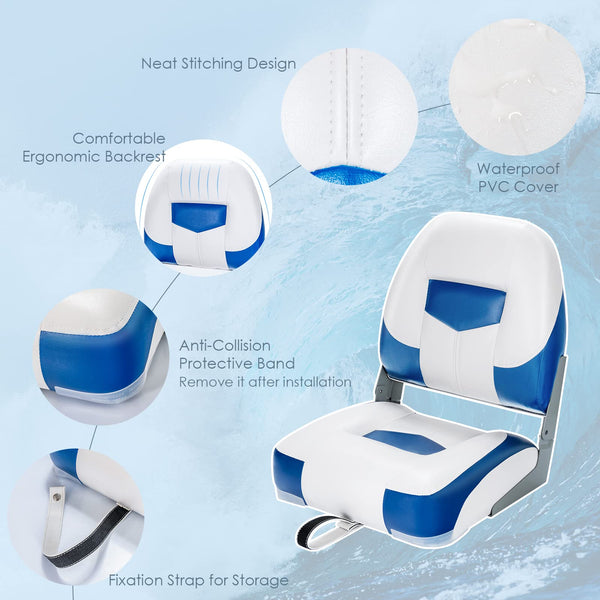 COSTWAY Set of 2 Foldable Boat Chairs, UV Weather Resistant Fishing Seat with Long Fixation Strap, Ergonomic Backrest and Thicken Foam, 50x43x52cm (Blue+White)