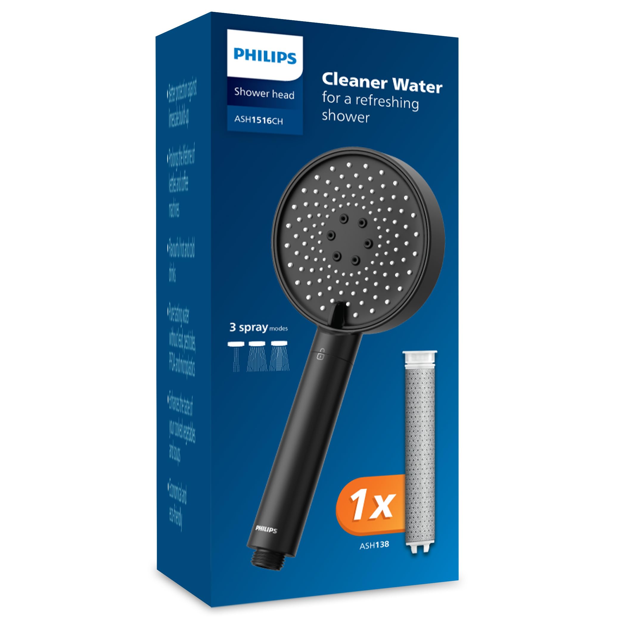 Philips Showerhead with Filter Effectively removes Chlorine and Other coarse Particles, Three Spray Modes, Pressure-Enhancing Design, 1-Month Filtration Capacity