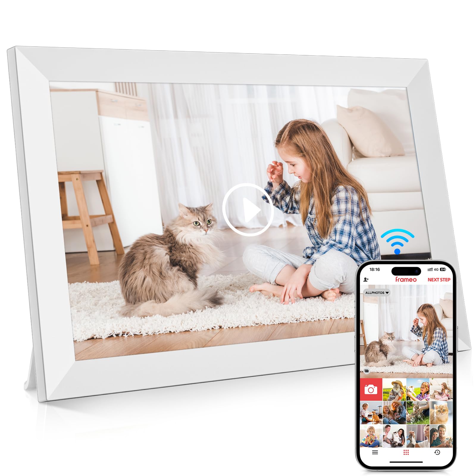 10.1 Inch WiFi Digital Photo Frame Built in 32GB Memory, 1280x800 IPS LCD Touchscreen, Auto-Rotate and Audio, Quick and Easy Share Photos or Videos via the Frameo App, the Best Choice for Gifting