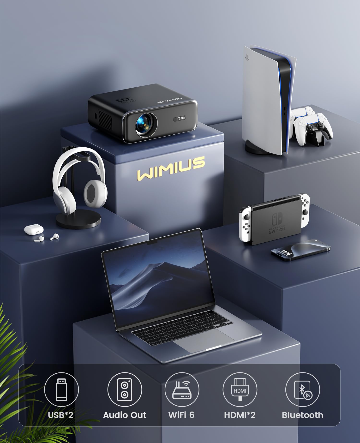 【Auto Focus & Keystone】Projector, 32000 Lumen WiFi 6 Bluetooth Full HD 1080P Portable Projector Supported 4K,4D/4P Keystone 50% Zoom 300" Display Home Cinema Projectors for Smartphone/TV Stick/PPT/PS5