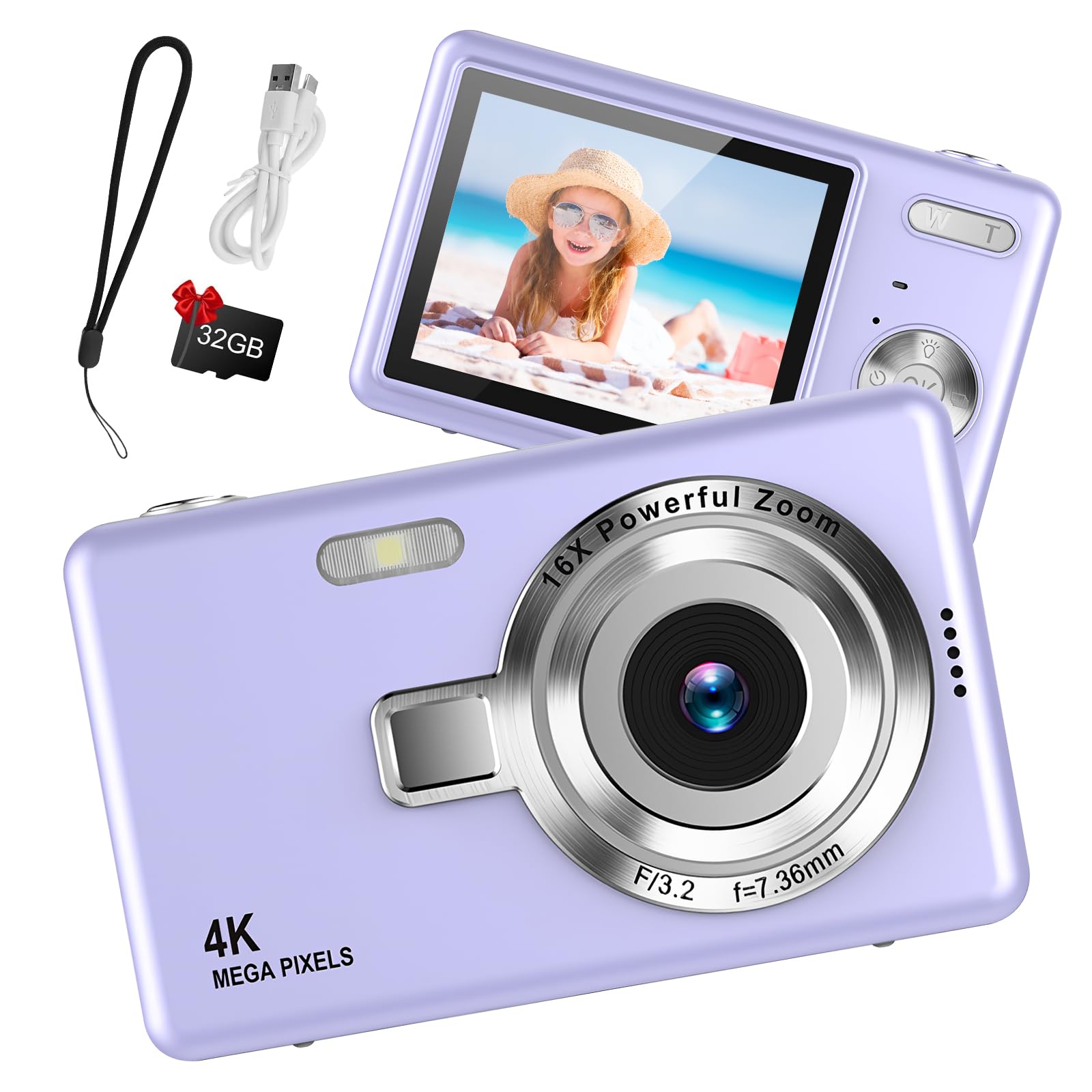 Digital Camera 1080P FHD 44MP with 2.4" LCD Screen,16X Digital Zoom, Compact Portable Vlogging Camera with 32gb SD Card for Kids Teen Students Beginner (Silver)
