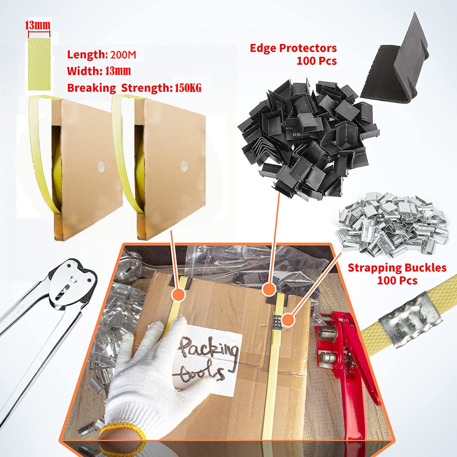 Complete Hand Pallet Packaging Strapping Kit with Tools, 200m PP Band, Metal Seals, and Edge Protectors for Secure Packing