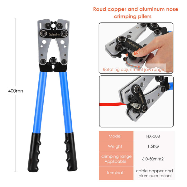 HX-50B Battery Cable Lug Crimping Tools Hand Electrician Pliers for Crimping Wire Cable from 6-50mm²(AWG 8-1/0) with Thickened and Reinforced The Metal Plate (HX50B Crmper +60PCSTerminals)