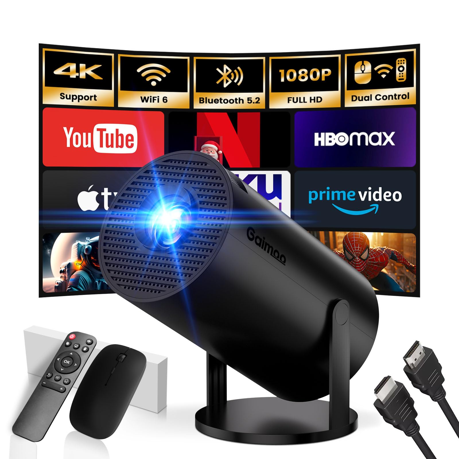 [2025 Model & Built-in Apps] Mini Projector 1080P FHD 4K Support Portable Projector with WiFi and Bluetooth 180° Adjustable Auto Keystone Compatible with TV Stick/Memory Stick/USB/Laptop, Black