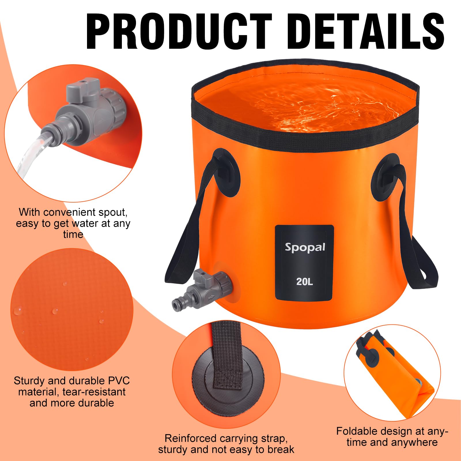 Spopal 20L Collapsible Bucket, Outdoor Foldable Bucket with Drainage Outlet for Camping, Collapsible Storage Container for Traveling Picnic Hiking Fishing Car Washing