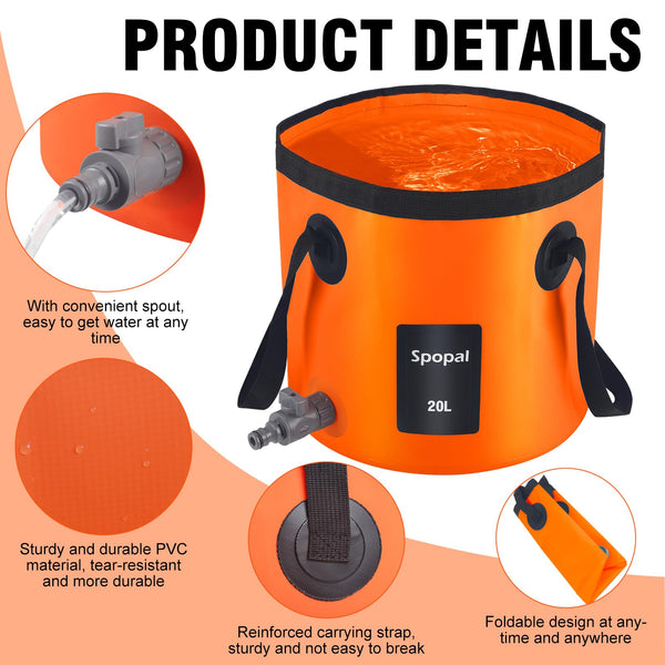 Spopal 20L Collapsible Bucket, Outdoor Foldable Bucket with Drainage Outlet for Camping, Collapsible Storage Container for Traveling Picnic Hiking Fishing Car Washing