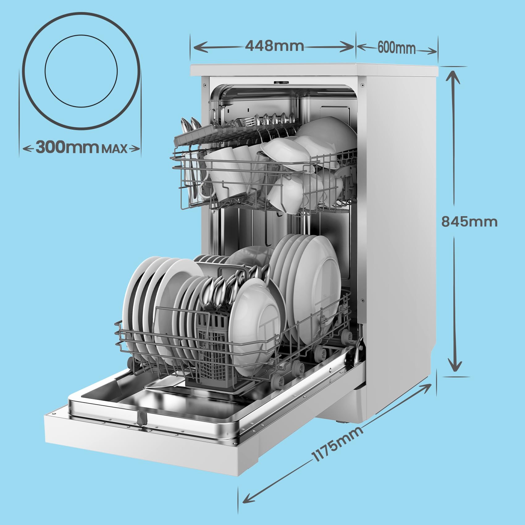 COMFEE' Freestanding Dishwasher FD1435E-X with 14 place settings, Full Size, Whisper Quiet 44dB, Wide LED Display, Delay Start, Half Load Function, Flexible Racks, Stainless Steel