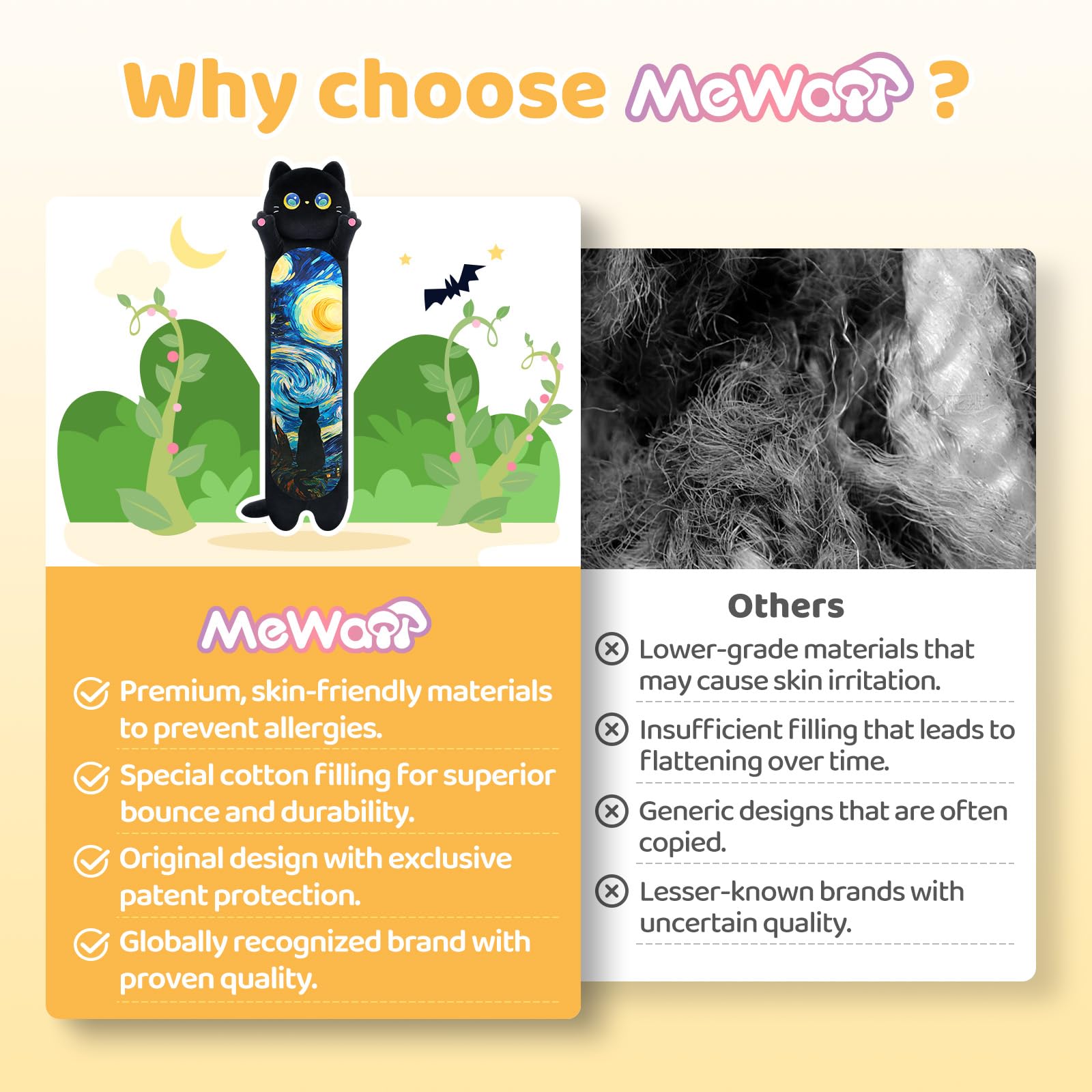 Mewaii 36in Long Cat Plush Pillows Stuffed Animals Squishy Pillows - Plushie Cute Kitty Sleeping Hugging Plush Pillow Soft Toys for Kids(Orange)