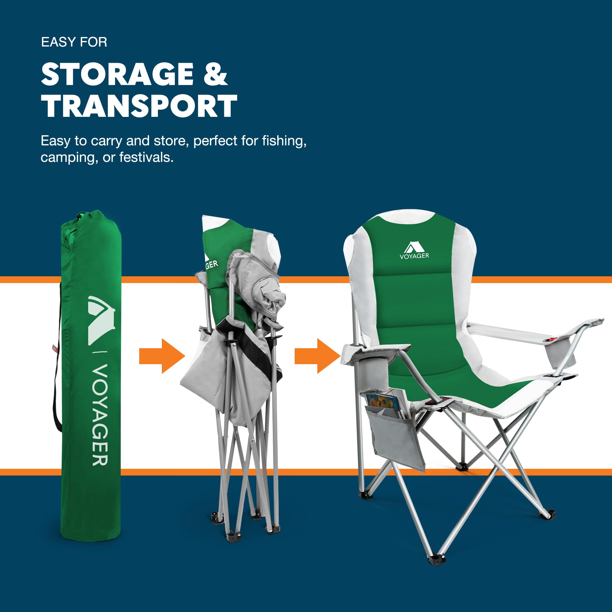 Voyager Folding Camping Chairs 2 Pack with Cooler Bag, Lightweight Q195 Steel Frame, 600D Oxford Fabric, Portable & Comfortable - Black (Black, Padded)