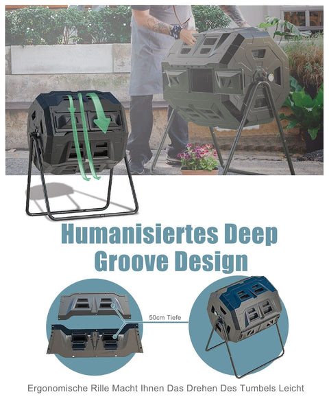 160L Upgraded Tumbling Composter with Compost Thermometer - Dual Chamber Garden Compost Bin (Green)