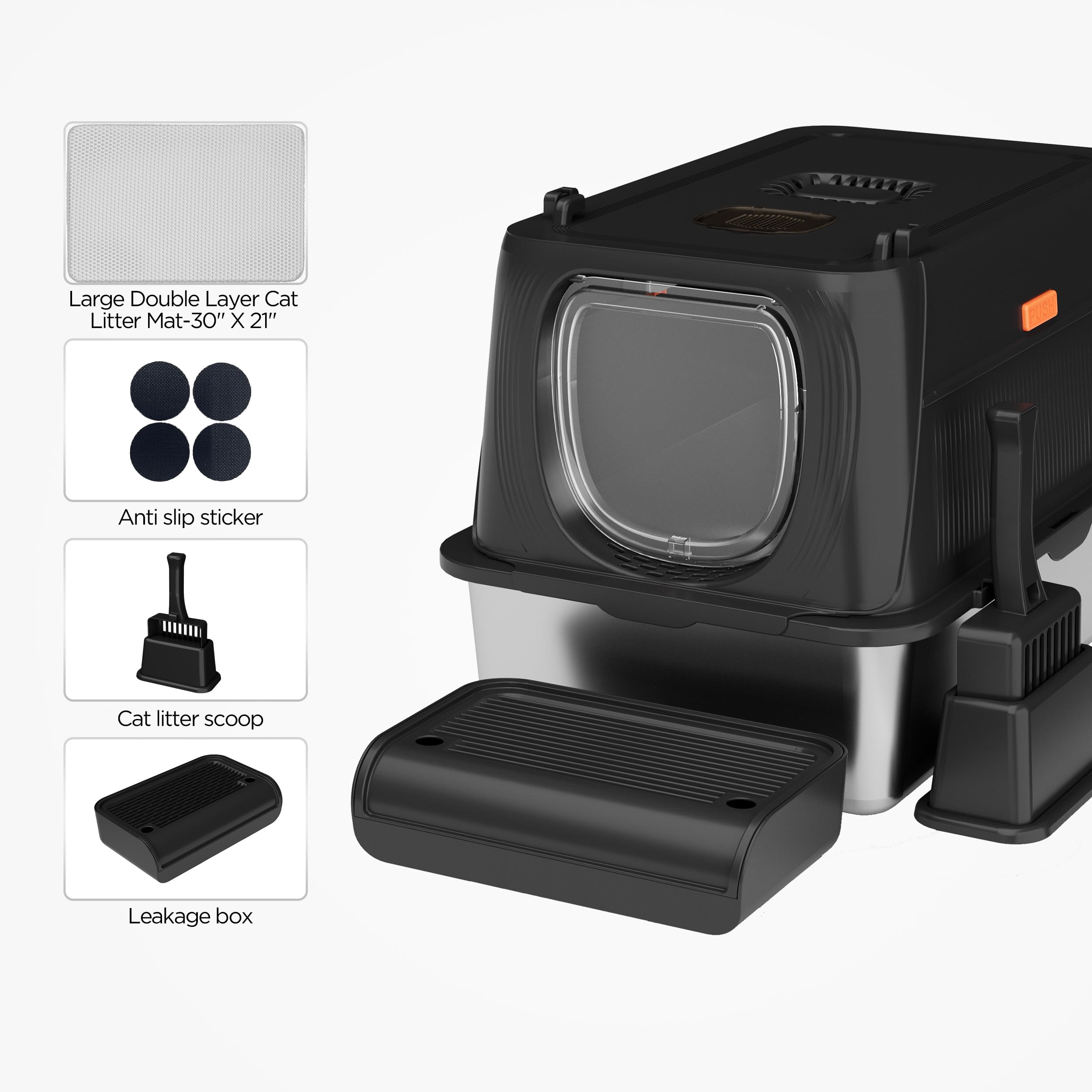 Citylife XL Stainless Steel Cat Litter Box with Lid, Extra Large Enclosed Removable Metal Litter Tray with Litter Scoop&Double Layer Litter Mat, Non-Sticky, Non-Odor, Easy Cleaning, for Big Cats