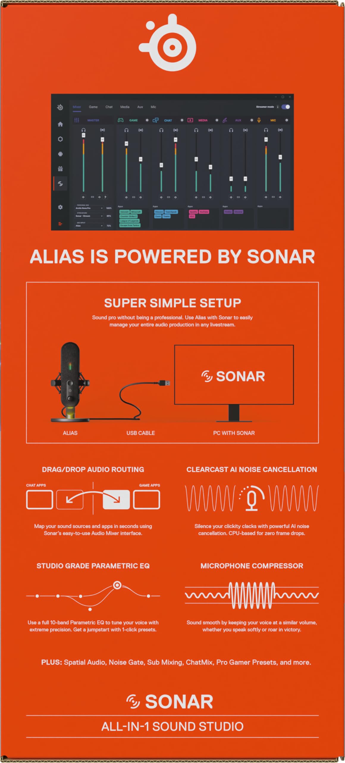 SteelSeries Alias USB Mic for PC — 3x Bigger Capsule for Gaming, Streaming and Podcasting — Sonar for Streamers Audio Software — AI Noise Cancelling — LED Mute & Level Monitoring — Shock Mount - Black