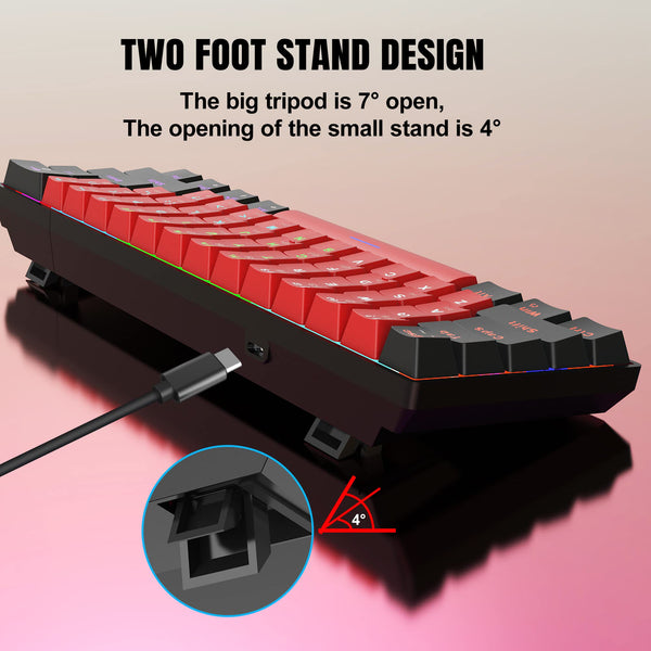 Snpurdiri 60% Wired Mechanical Gaming Keyboard, Mini 61-Key With Red Switches for PC, Windows XP, Win 7, Win 10 (Black-Red)