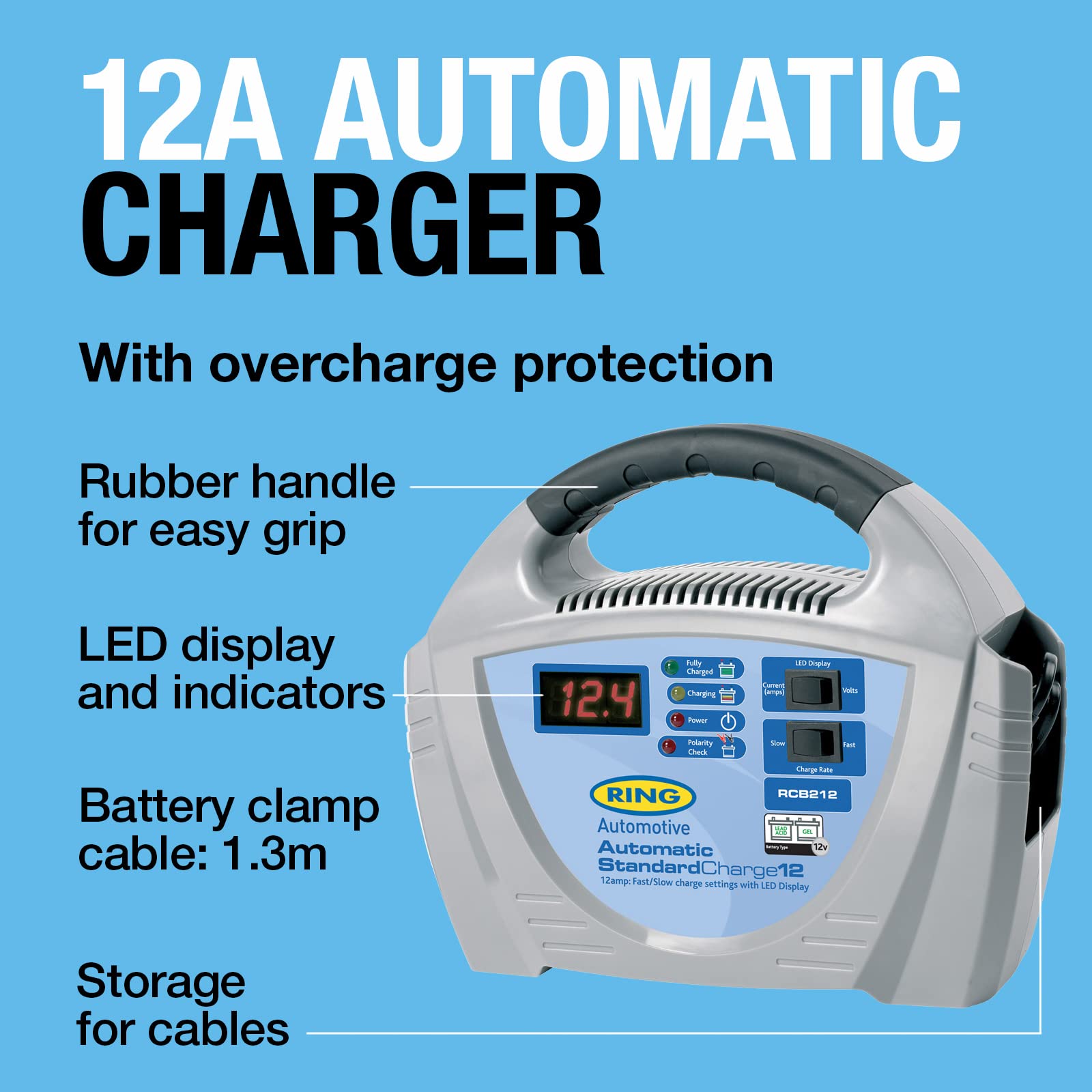 Ring RCB212, 12A Battery Charger, 12V Lead Acid and Gel Batteries, Vehicles up to 3.0L