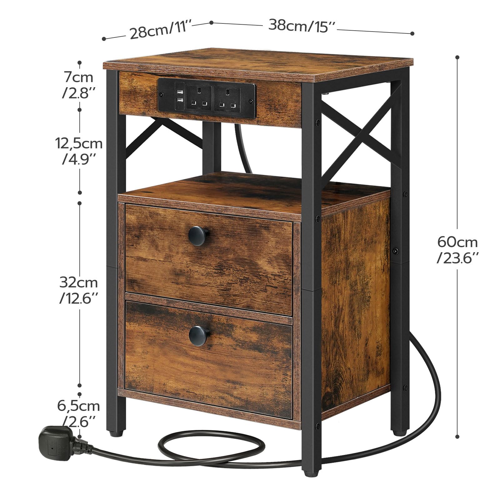 HOOBRO Bedside Table with Charging Station, X-shaped End Table with 2 USB Ports and 2 AC Outlets, Side Table Living Room, Nightstand with 2 Drawers,