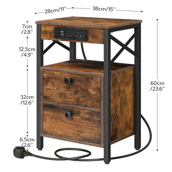 HOOBRO Bedside Table with Charging Station, X-shaped End Table with 2 USB Ports and 2 AC Outlets, Side Table Living Room, Nightstand with 2 Drawers,