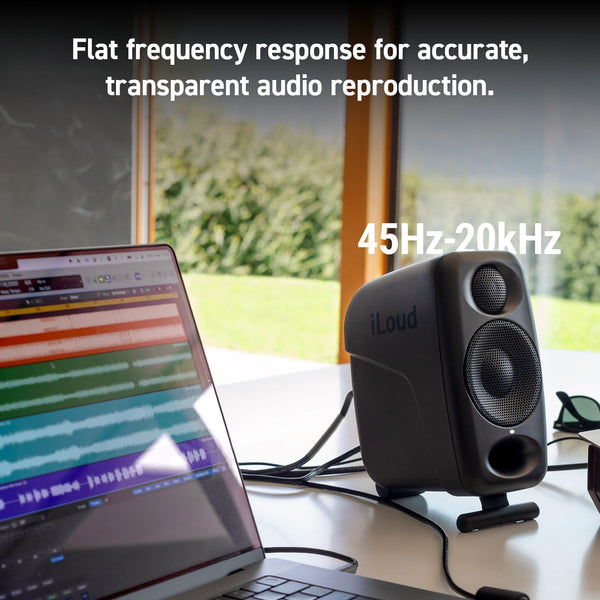 IK Multimedia iLoud Micro Monitor Pro - Pair - 2-Way bi-amped, highly portable, digitally controlled compact reference studio monitors. X-MONITOR. Incl. ARC calibration mic. Black.