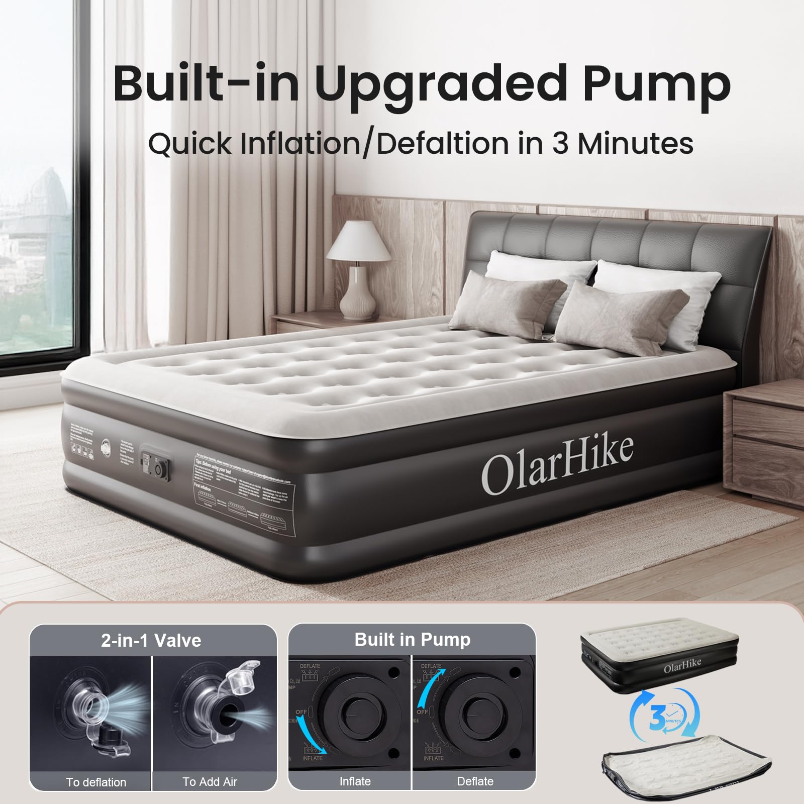 OlarHike Inflatable Mattress, Air Bed Double with Built-in Electric Pump, King Size Blow Up Self Inflating Guest Airbed with Flocked Surface for Camping or Home Use, 190cm L x 140cm W x 46cm H(Black)