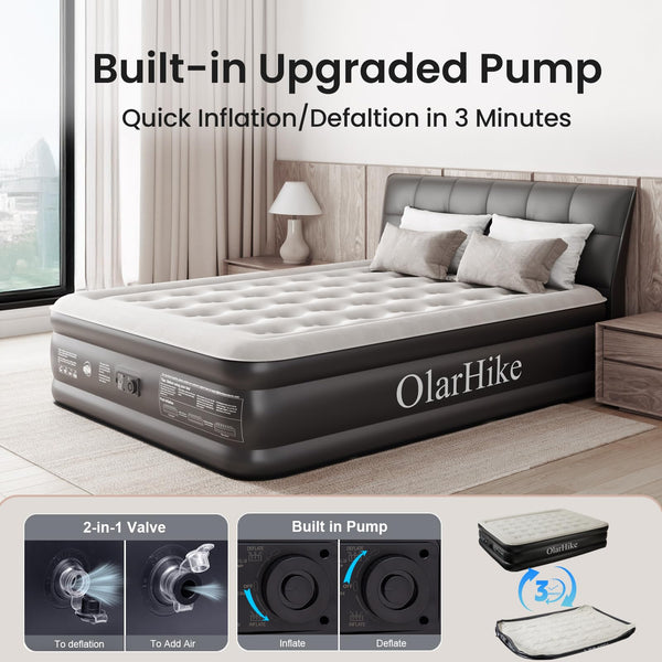 OlarHike Inflatable Mattress, Air Bed Double with Built-in Electric Pump, King Size Blow Up Self Inflating Guest Airbed with Flocked Surface for Camping or Home Use, 190cm L x 140cm W x 46cm H(Black)