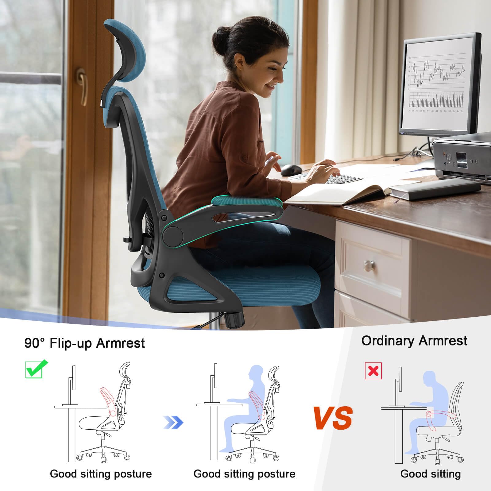 Office Chair - Ergonomic Desk Chair with Lumbar Support Headrest Adjustable, Padded Flip-up Armrests Comfy Seat Cushion High Back Executive Manager Chair For Home Office