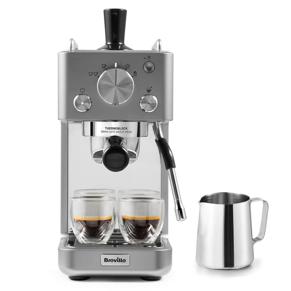 BREVILLE Barista Slimline Espresso Machine | Integrated Milk Frother | Compact Coffee Maker for Cappuccinos, Lattes & More | 15 Bar Pump | Silver [VCF185]