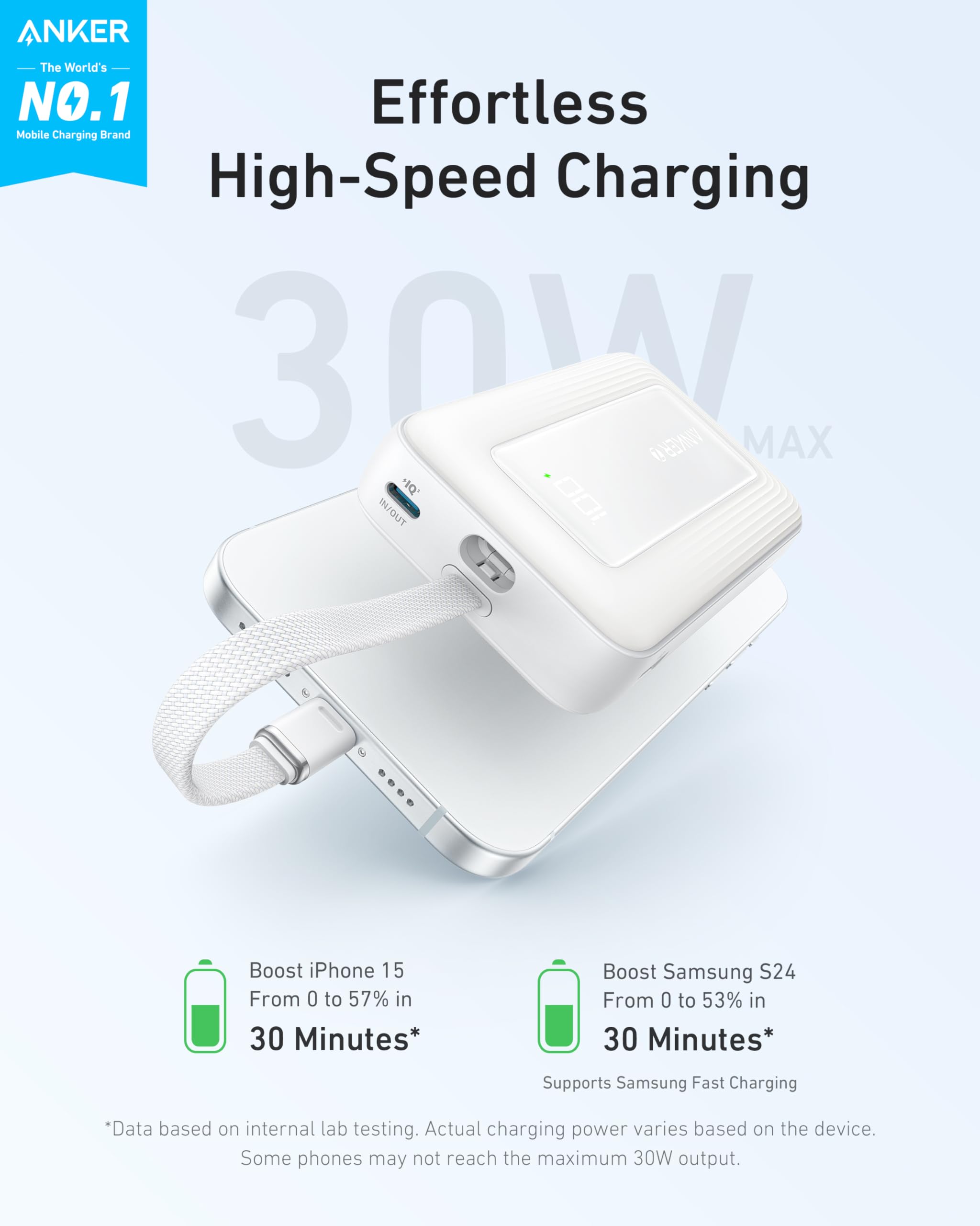 Anker Zolo Power Bank, 10,000mAh 30W High-Speed Portable Charger with Built-In USB-C Cable, Fast Charging Battery Pack for iPhone 16/16 Plus/16 Pro/16 Pro Max/15 Series, Galaxy, iPad, and More