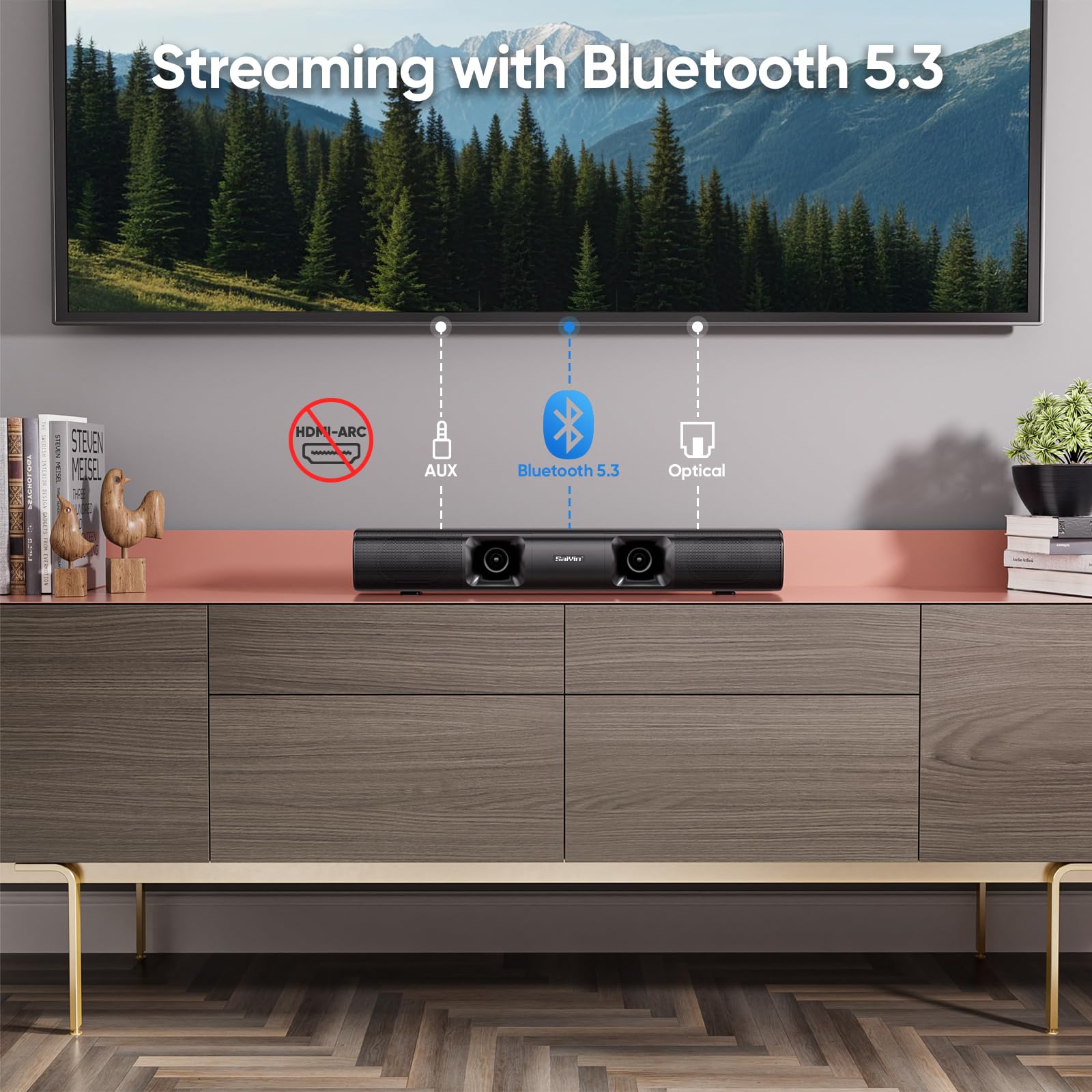 Saiyin Sound Bar for Smart TV, 90W Compact Soundbar Speaker with Subwoofer, 2.1Channel Home Theater Surround Sound System with Crisp Vocals and Deep Bass for TV PC Projector