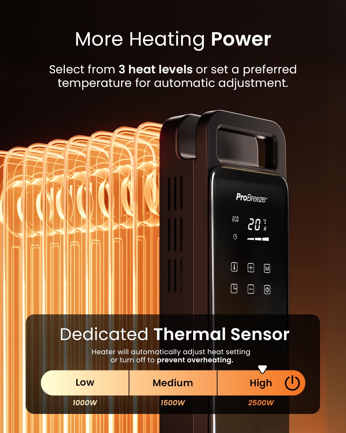 Pro Breeze Smart 2500W 11 Fin Oil Filled Radiator with Digital Display and WiFi Smart App, Thermostat, 24Hr Timer, 3 Heat Modes, Child Lock, Overheat & Tip-Over Protection Oil heater for Home - Black