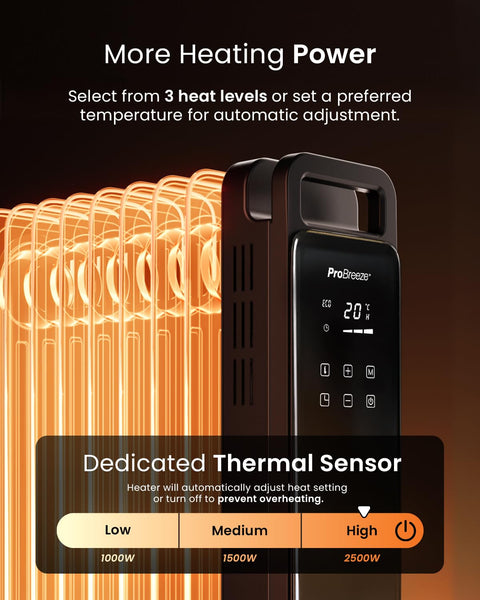 Pro Breeze Smart 2500W 11 Fin Oil Filled Radiator with Digital Display and WiFi Smart App, Thermostat, 24Hr Timer, 3 Heat Modes, Child Lock, Overheat & Tip-Over Protection Oil heater for Home - Black
