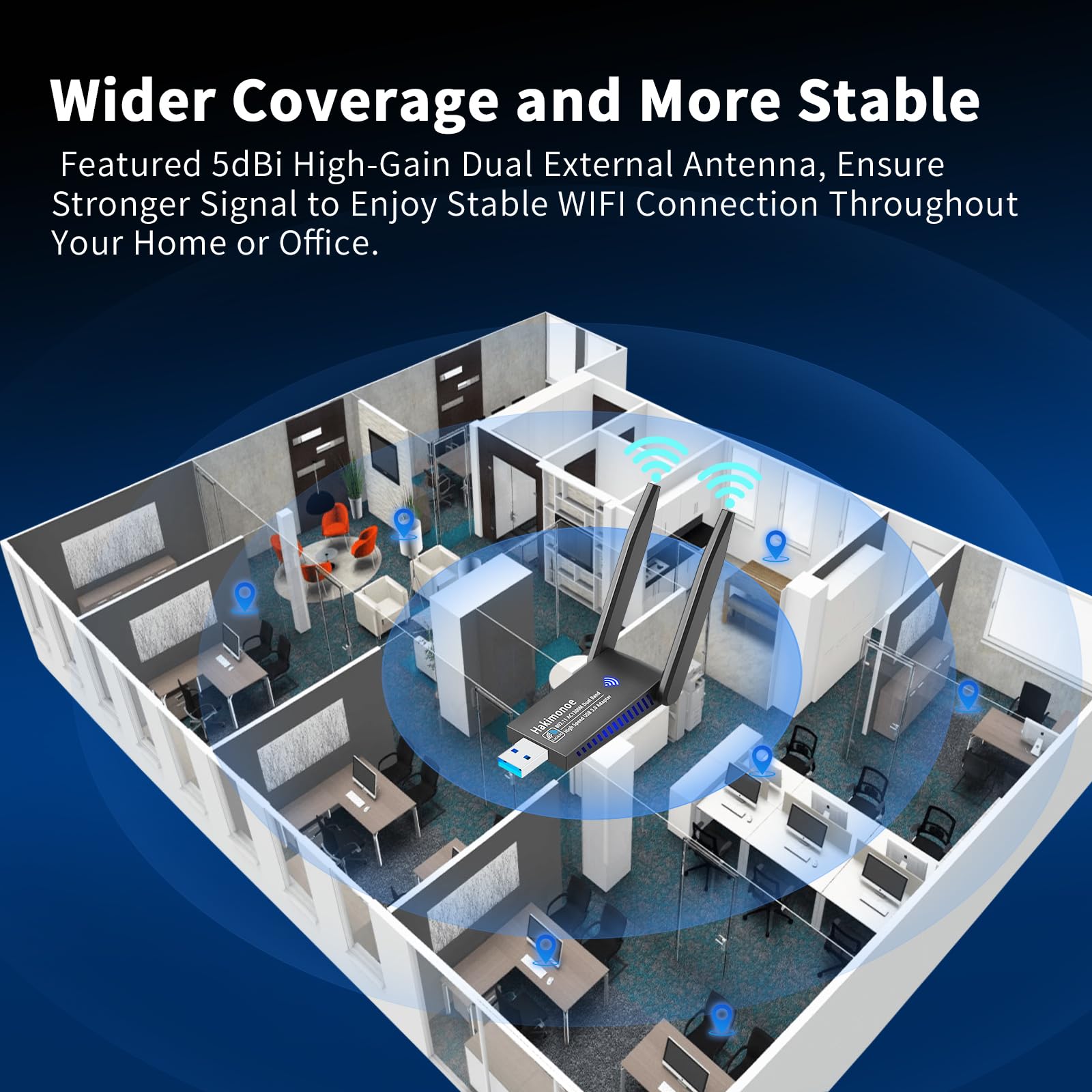 AC1300 USB 3.0 WiFi Adapter for PC, Super-Fast Wireless Network Card Dongle High Gain 5dBi Antenna Dual Band 2.4G/5GHz w/USB Driver for Win 11 10 8.1 8 7 Laptop Desktop, Plug n Play