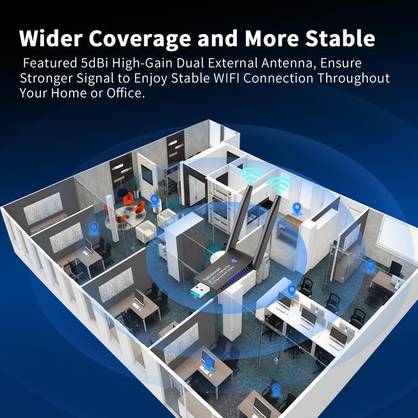 AC1300 USB 3.0 WiFi Adapter for PC, Super-Fast Wireless Network Card Dongle High Gain 5dBi Antenna Dual Band 2.4G/5GHz w/USB Driver for Win 11 10 8.1 8 7 Laptop Desktop, Plug n Play