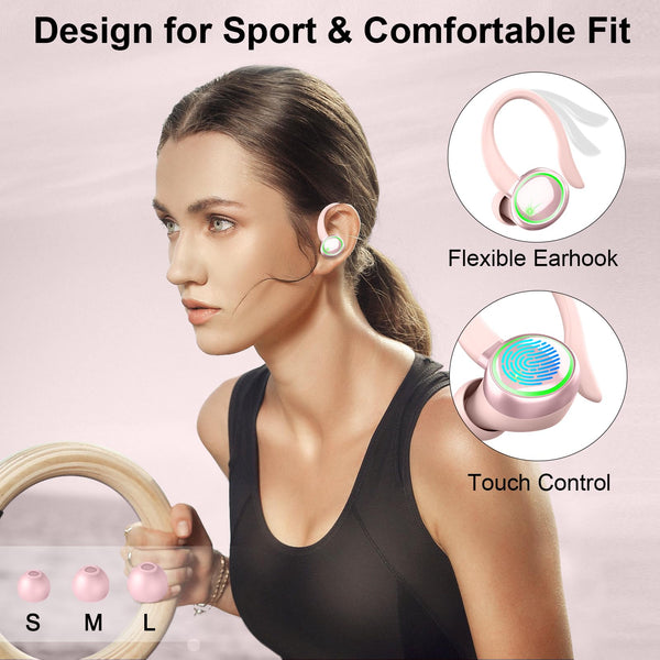 Wireless Earbuds, Bluetooth 5.4 Headphones, 50H+ Playtime Stereo Noise Canceling Headphones with 4 ENC Mic, Sport Ear buds with Earhooks, IPX7 Waterproof Wireless Earphones for Sport/Running/Gym