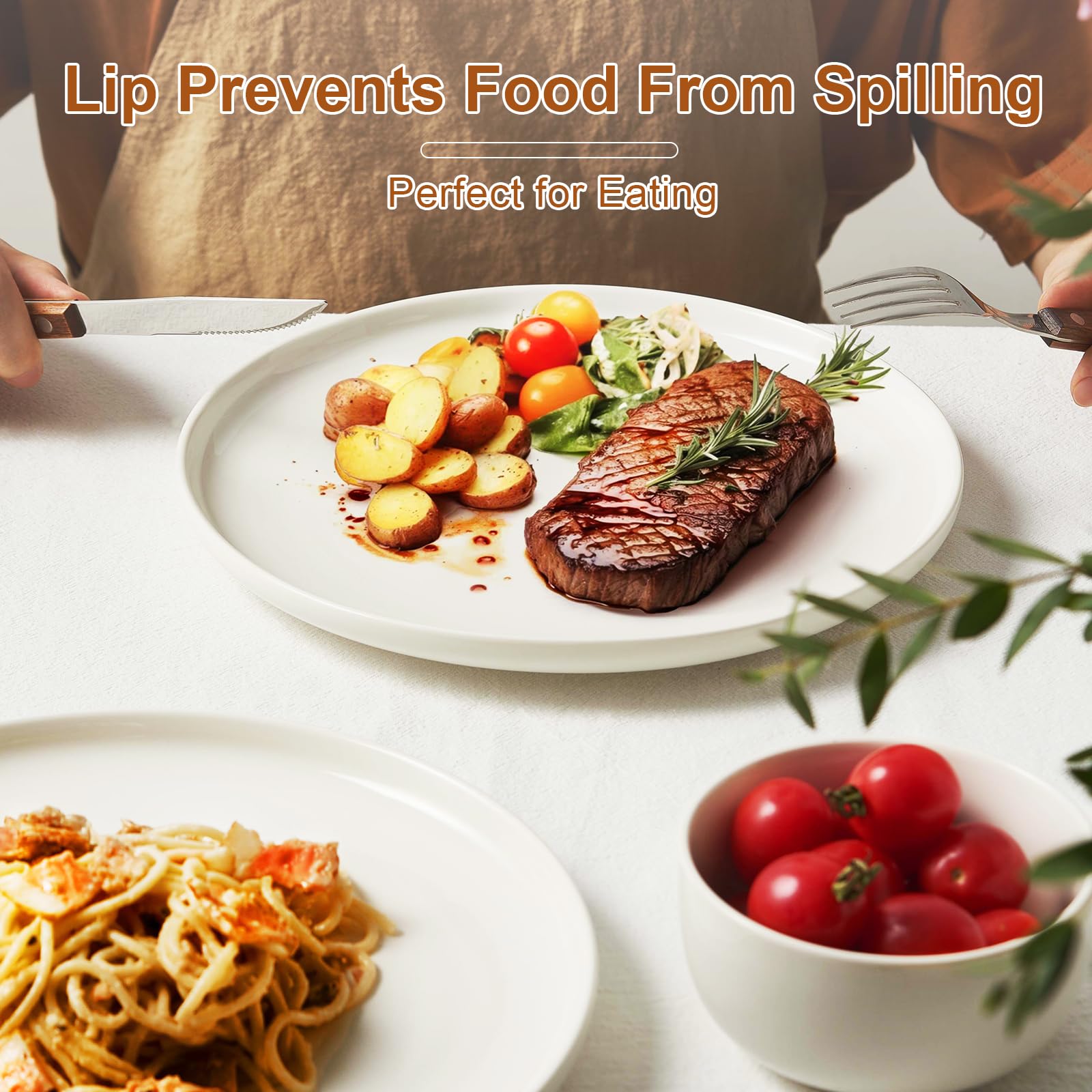 Jassceram 10.5 Inch White Dinner Plates Set of 6, 27cm Large Ceramic Round Plates with Lip for Kitchen Restaurant, Salad, Pasta - Dishwasher,