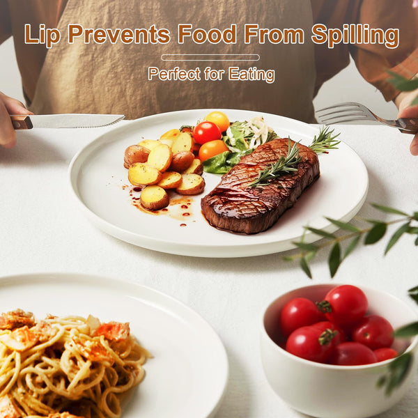 Jassceram 10.5 Inch White Dinner Plates Set of 6, 27cm Large Ceramic Round Plates with Lip for Kitchen Restaurant, Salad, Pasta - Dishwasher,