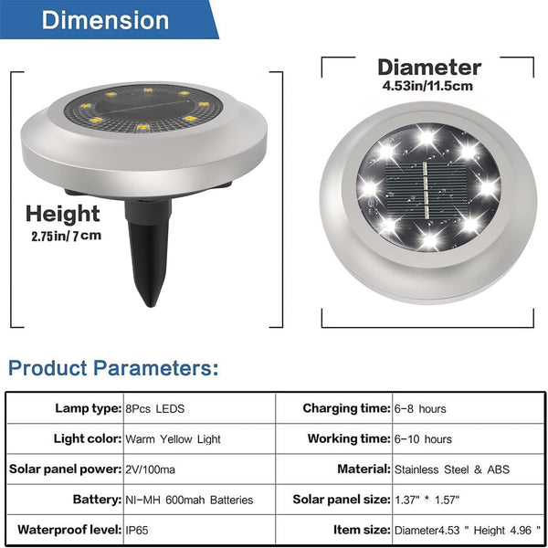 Solar Lights Outdoor Garden,600mAh Solar Ground Lights, 8 LED Solar Disk Lights for Garden Lawn Pathway Yard Landscape Walkway（8 Pack Bright White） ﻿