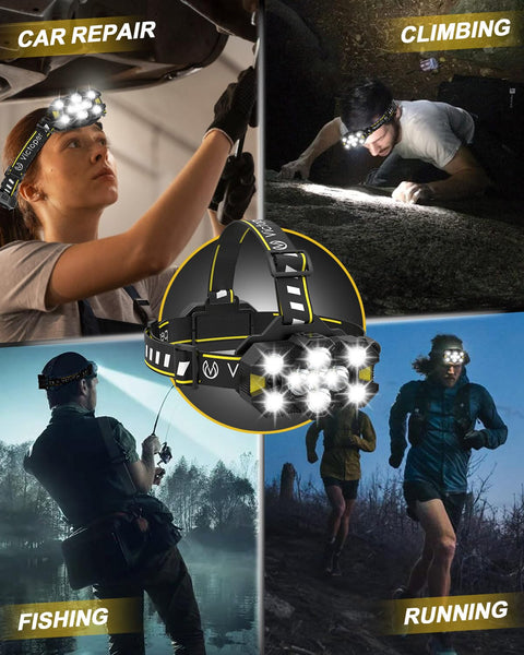 Victoper Head Torch Rechargeable v10000 Upgraded 22000 Lumen Torches LED Super Bright Headlight 10 LEDs Modes Hands-Free Flashlight for Camping Fishing Cycling Hiking Waterproof, Black