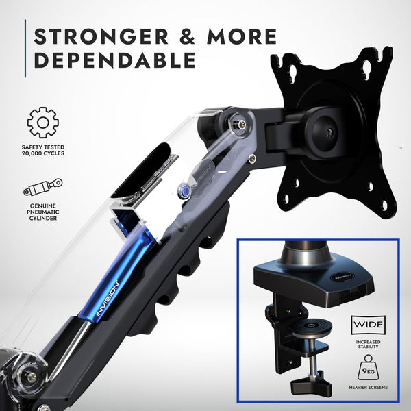 Invision Single Monitor Arm Desk Mount for 19-32 Inch Screens - VESA 75/100mm Stand Desk Clamp - Tool Free Height Adjustment with Tilt Swivel Rotate - Increased Load Capacity from 2-9kg (MX200)