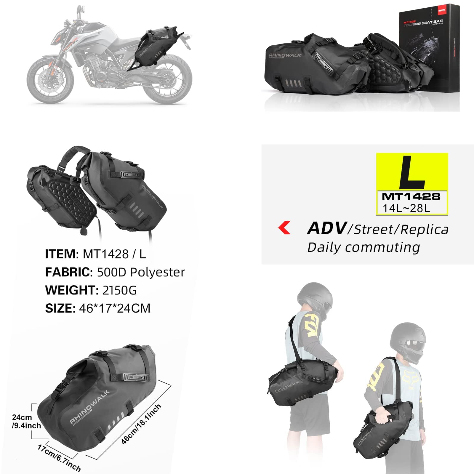 Rhinowalk Motor Pannier Bag Motorcycle Seat Bag Waterproof Travel Luggage Expandable19-26L, Black (MT4026)