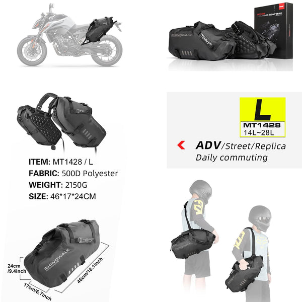 Rhinowalk Motor Pannier Bag Motorcycle Seat Bag Waterproof Travel Luggage Expandable19-26L, Black (MT4026)