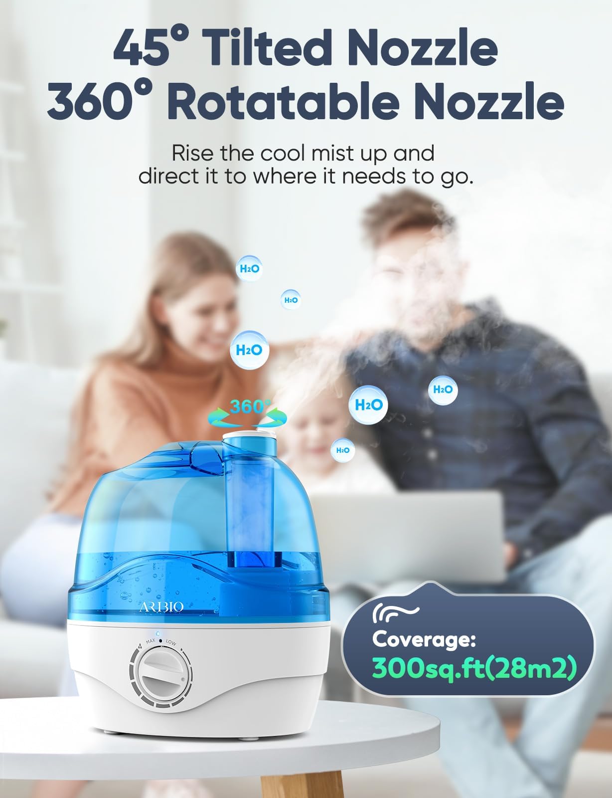 Humidifiers, 2.2L Humidifier for Bedroom Baby Room with 28dB Quiet, Air Cool Mist Humidifiers for Home with 360 Rotation Nozzle, BPA-Free, Wide